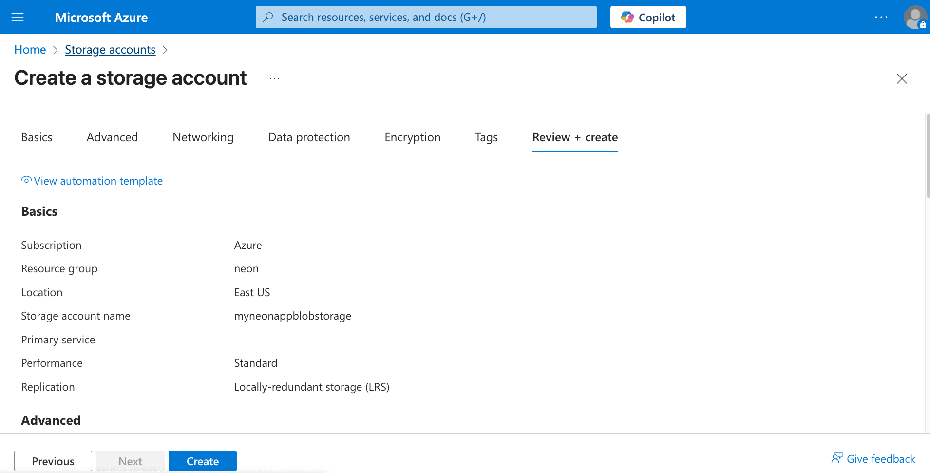 Azure Storage Account Creation