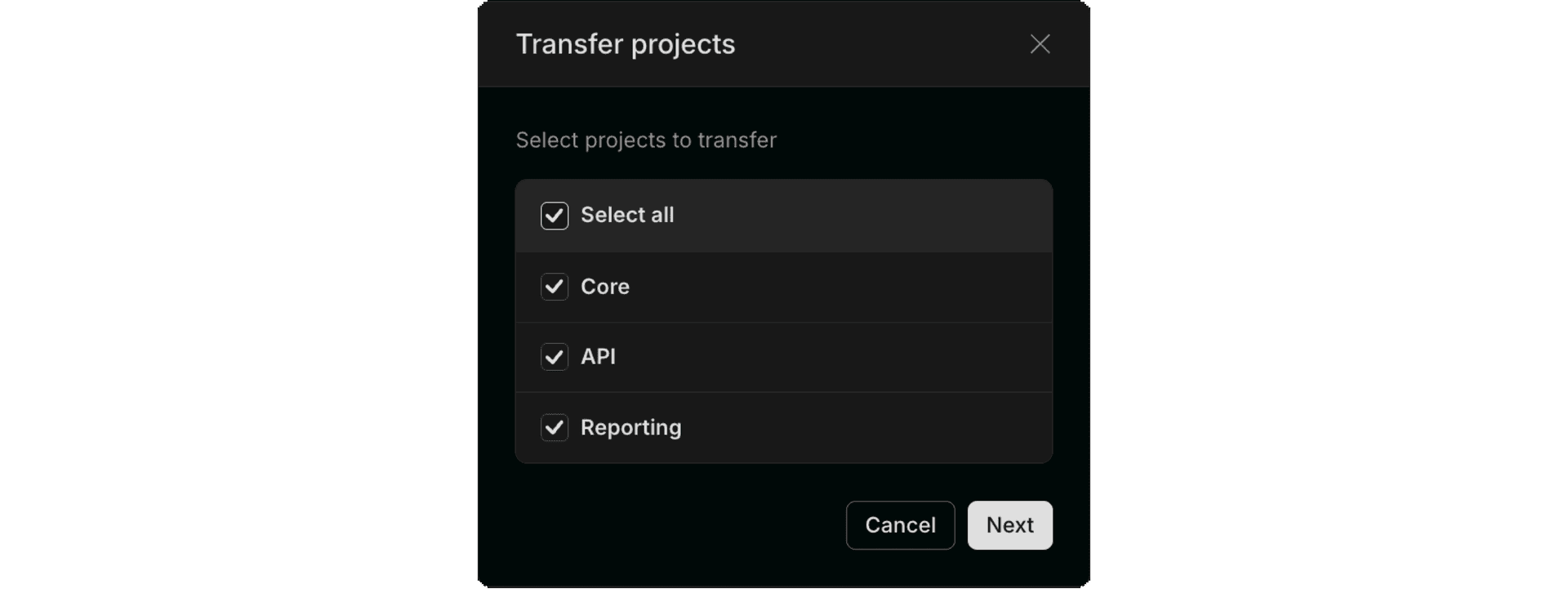 transfer mulitple projects from org settings