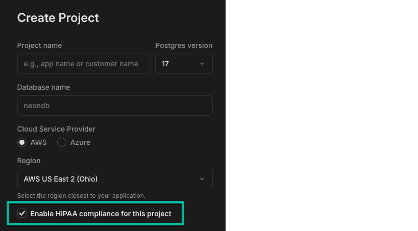 Enable HIPAA option during project creation