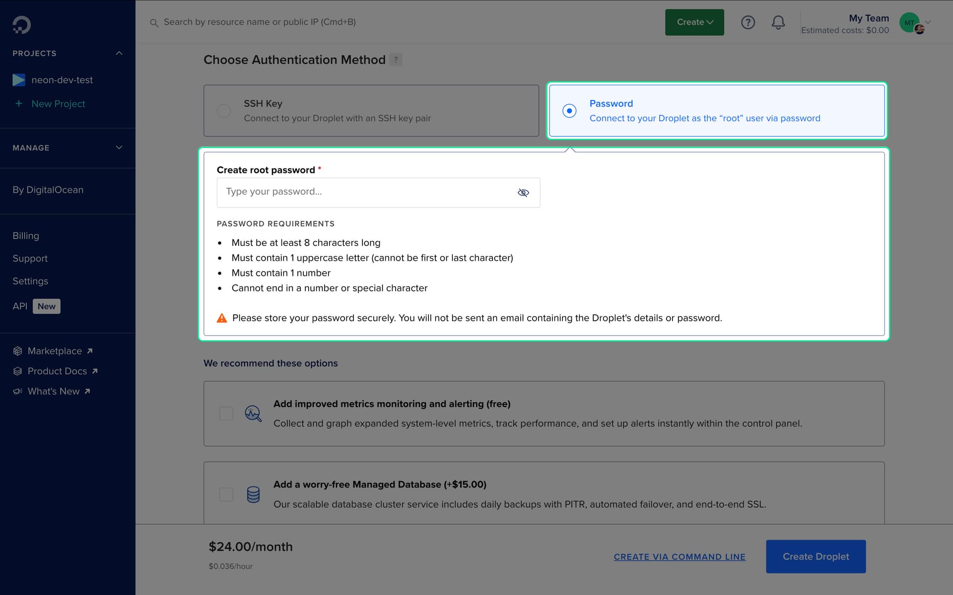 Screenshot of Digital Ocean Droplet Config - Auth Method